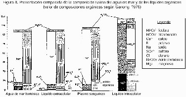 Figura 8. Presentación comparada de la composición salina del agua de mar y de los líquidos orgánicos (valor de composiciones orgánicas según Ganong, 1979).